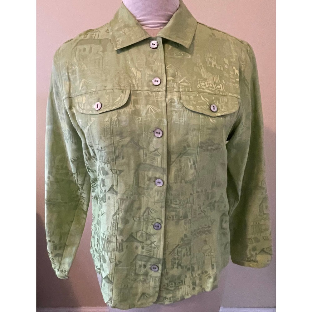 Chico’s Green Linen Silk Blend Button Up Collared Shirt Size 1 Medium EUC - Picture 1 of 3